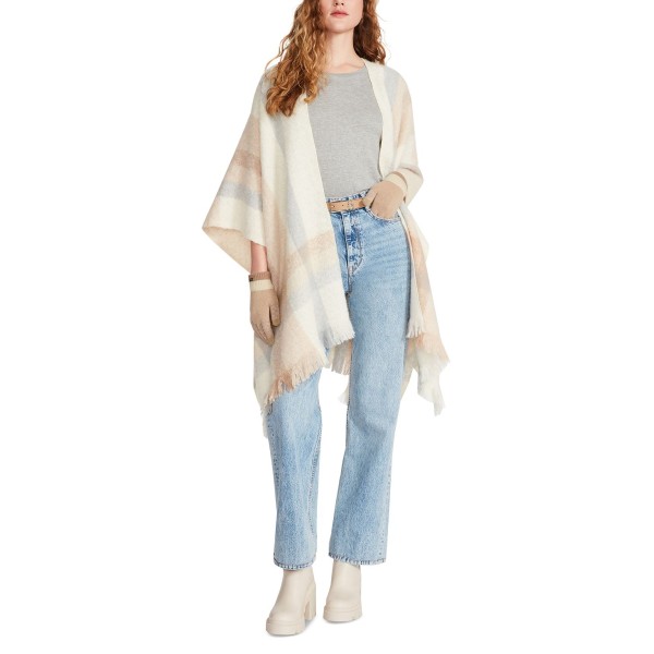 Women's Brushed-Border Plaid Cape Sweater