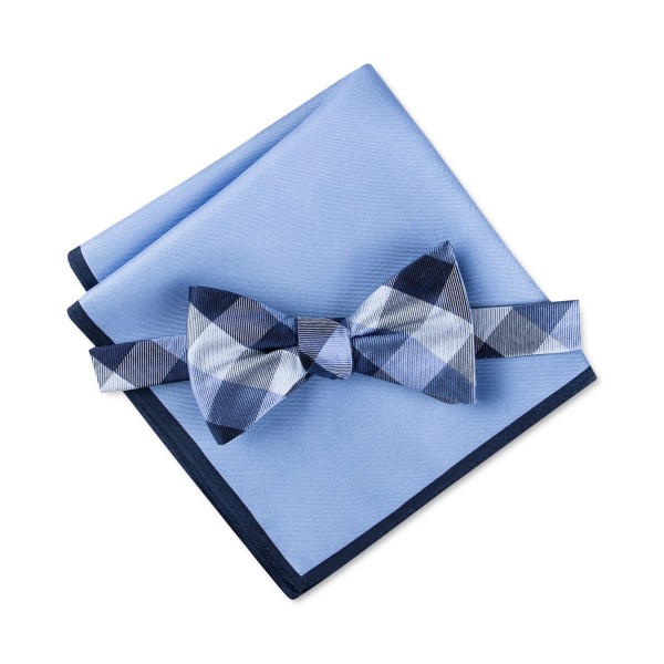 Men's Buffalo Check Bow Tie & Solid Pocket Square Set